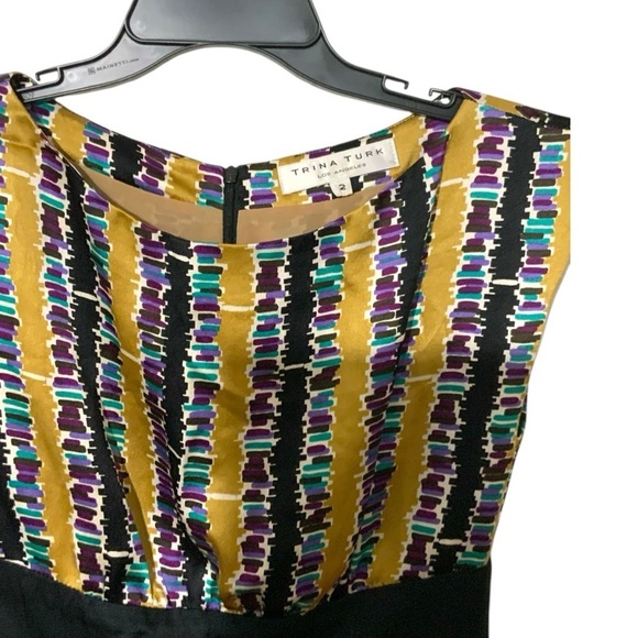 Trina Turk 100% Silk Abstract Purple Gold Black Stripe Dress Sz 2 Sleeveless - Picture 8 of 13